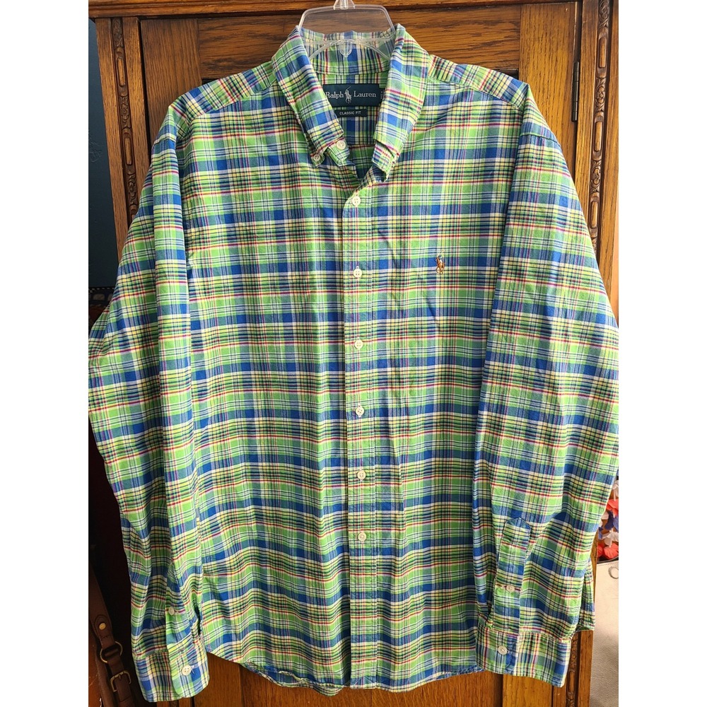 Polo Ralph Lauren Mens XL Classic Fit Plaid Button Down Shirt Green Blue Yellow